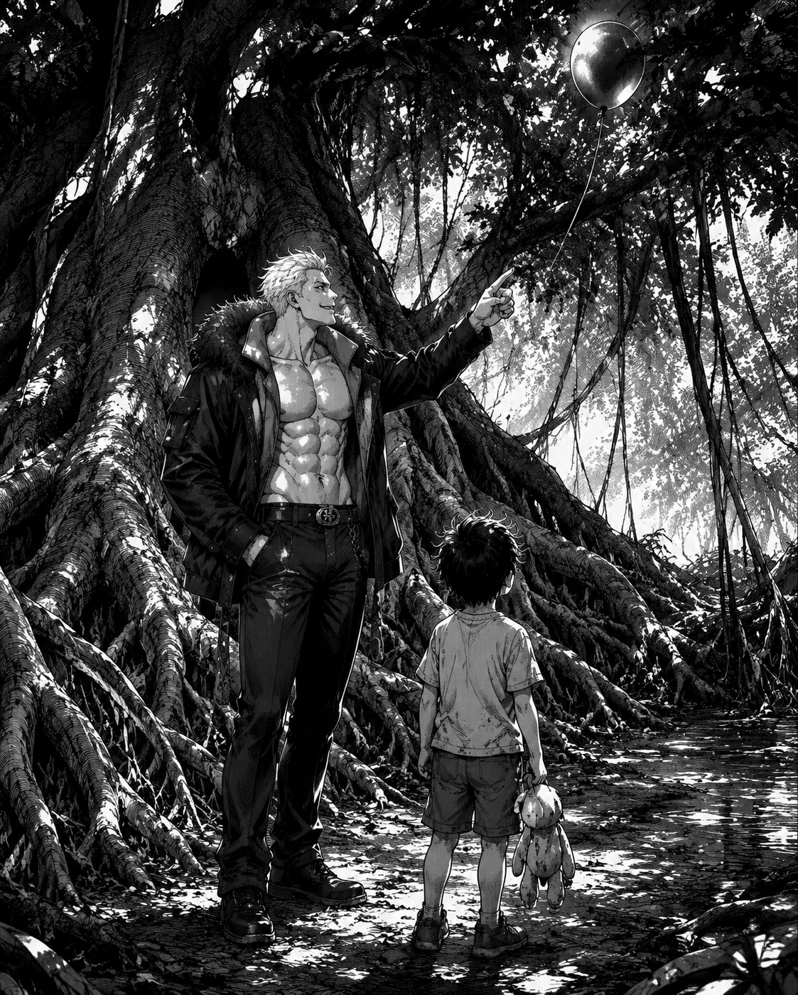 Helping a lost child find their balloon Under the shade of a giant mangrove tree (gritty seinen manga, high-contrast ink hatching)