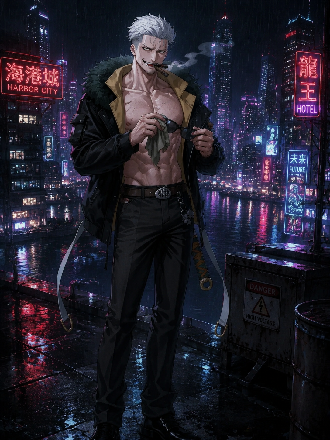 Polishing his tactical sunglasses On a rooftop overlooking a neon-lit harbor (cyberpunk noir, rainy reflections and glowing signage)