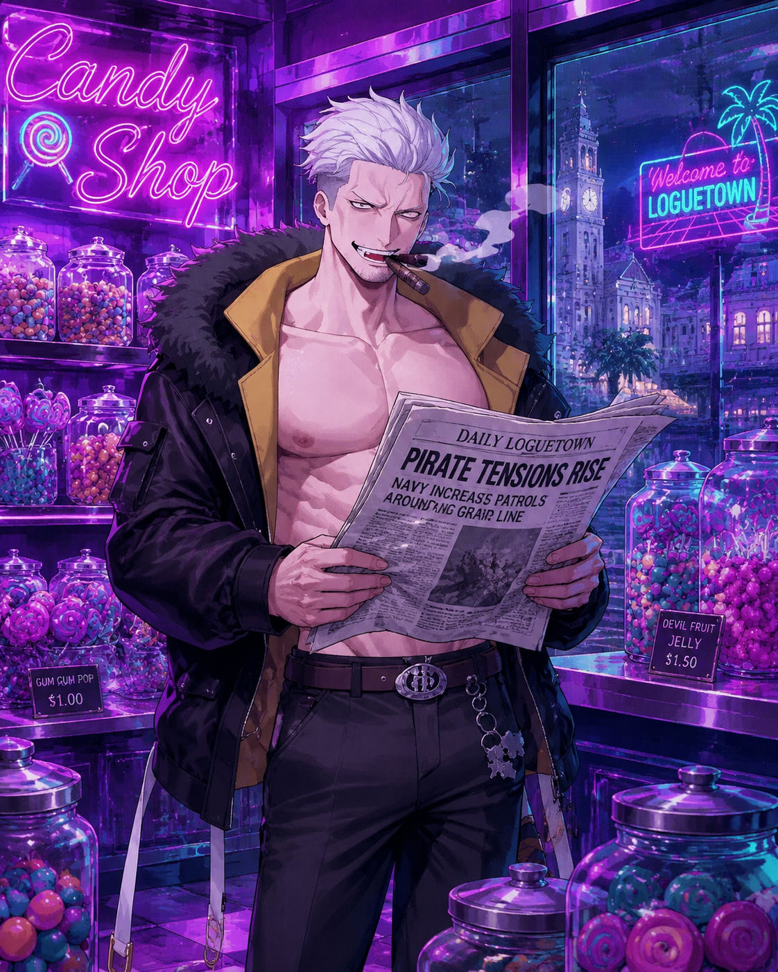 Reading a crumpled newspaper report Inside a bright candy shop in Loguetown (vaporwave aesthetic, neon purple and teal hues)