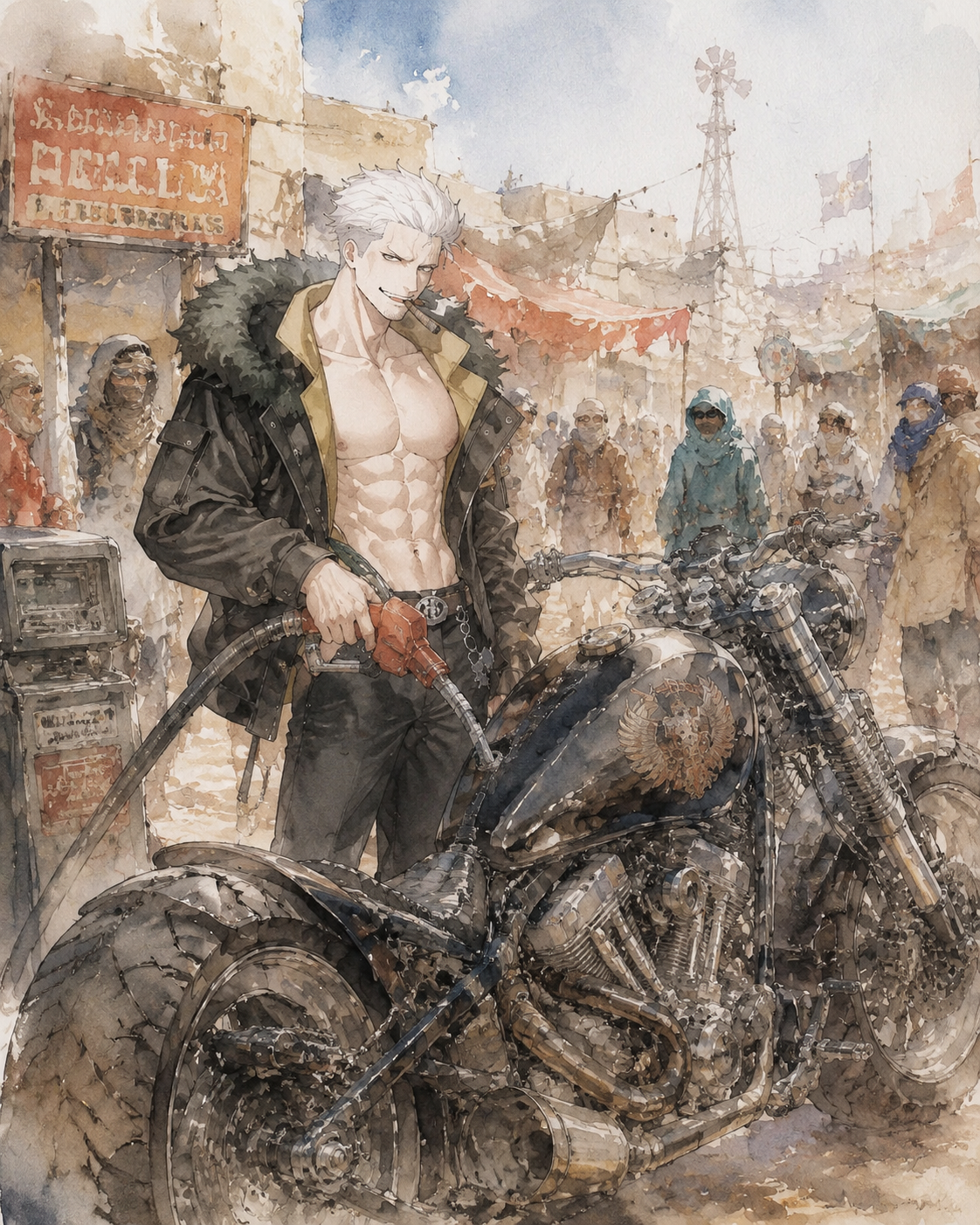 Refueling his massive custom motorbike In the middle of a chaotic desert bazaar (dreamy watercolor, soft bleeding edges)