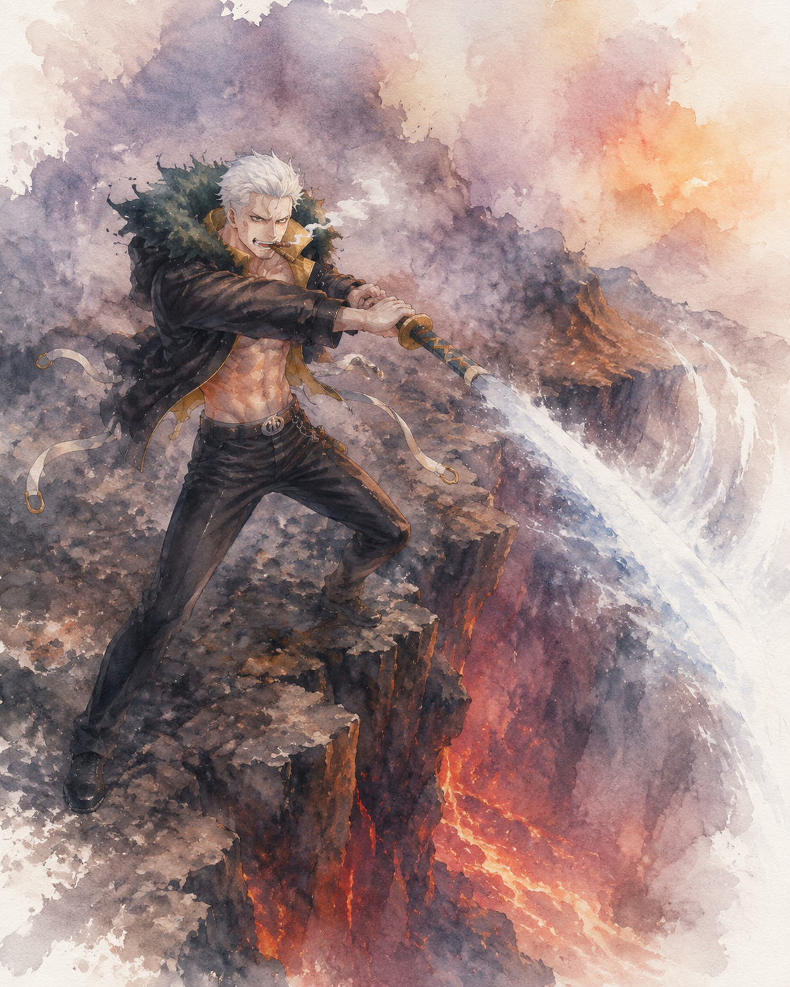 Swinging his seastone-tipped jitte with immense force At the edge of a jagged volcanic crater (dreamy watercolor, soft bleeding edges)