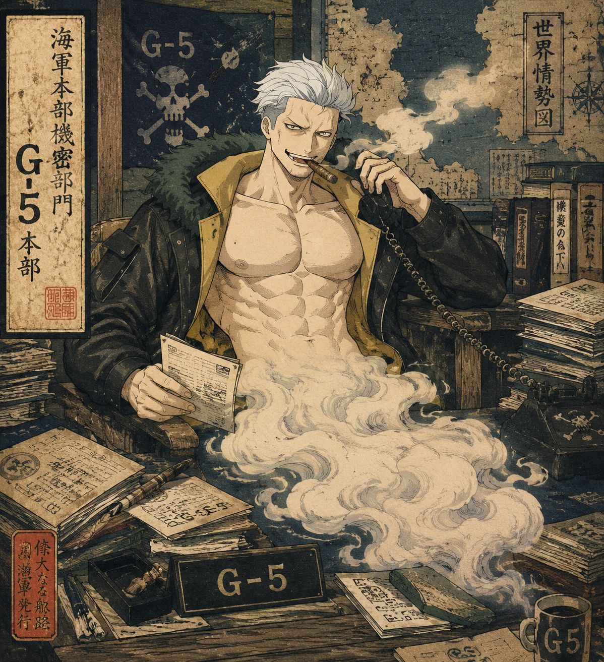 Transforming his lower body into thick white smoke At a cluttered desk in G-5 headquarters (Ukiyo-e woodblock print, traditional Japanese textures)