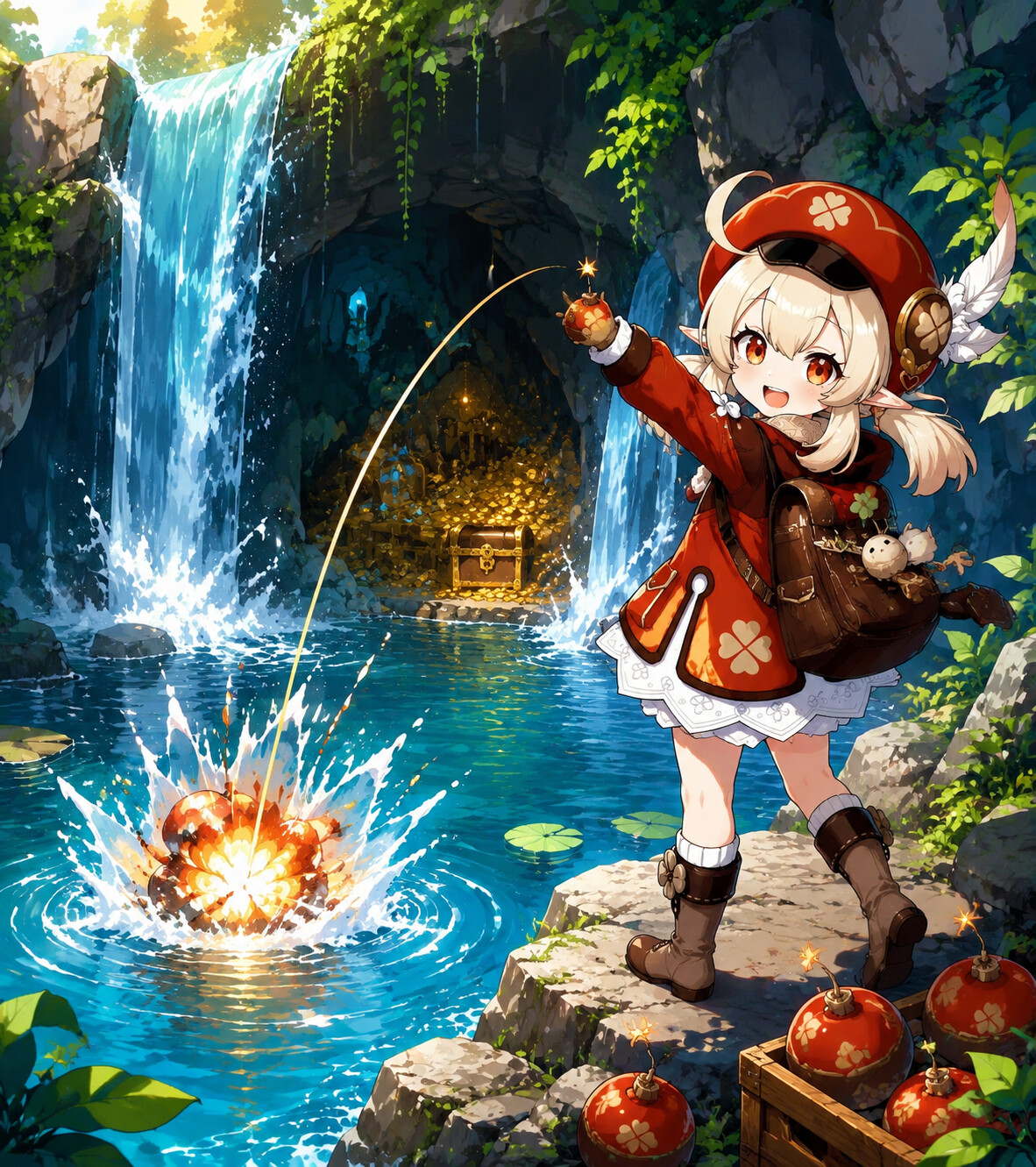 Fishing by throwing explosives into the water at a secret treasure-hiding spot behind a waterfall (sharp cel-shaded digital art)