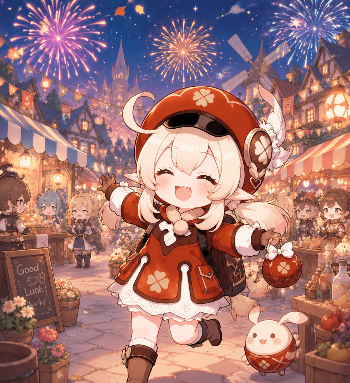 Laughing as fireworks explode in the background at the bustling Mondstadt market during a festival (cute chibi style with pastel colors)