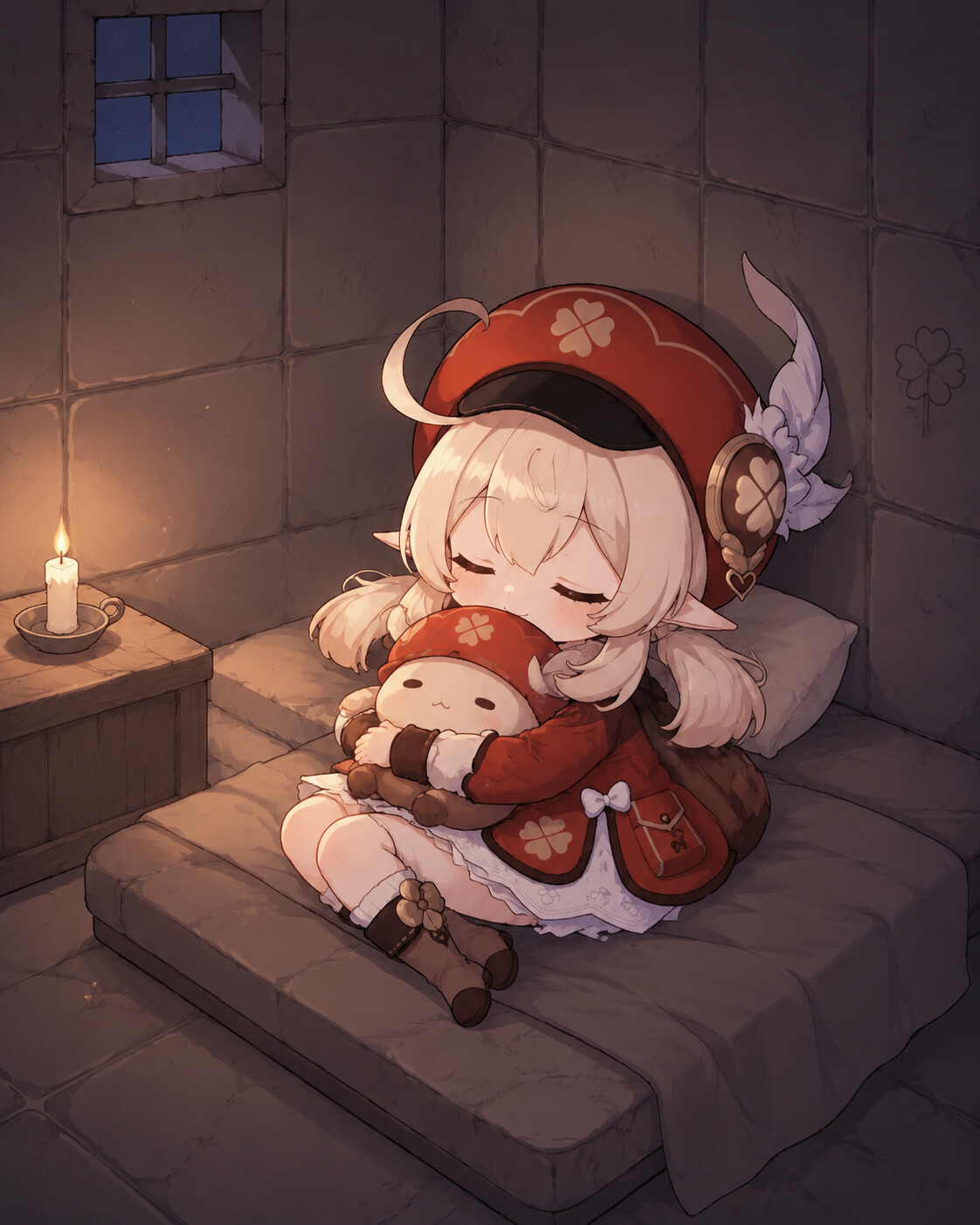 Napping quietly while hugging her stuffed clover Dodoco at a solitary confinement room with a single candle (cute chibi style with pastel colors)