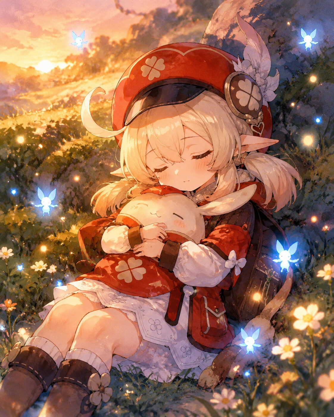 Napping quietly while hugging her stuffed clover Dodoco in a field of glowing crystalflies at dusk (vibrant watercolor anime with soft sunlight)
