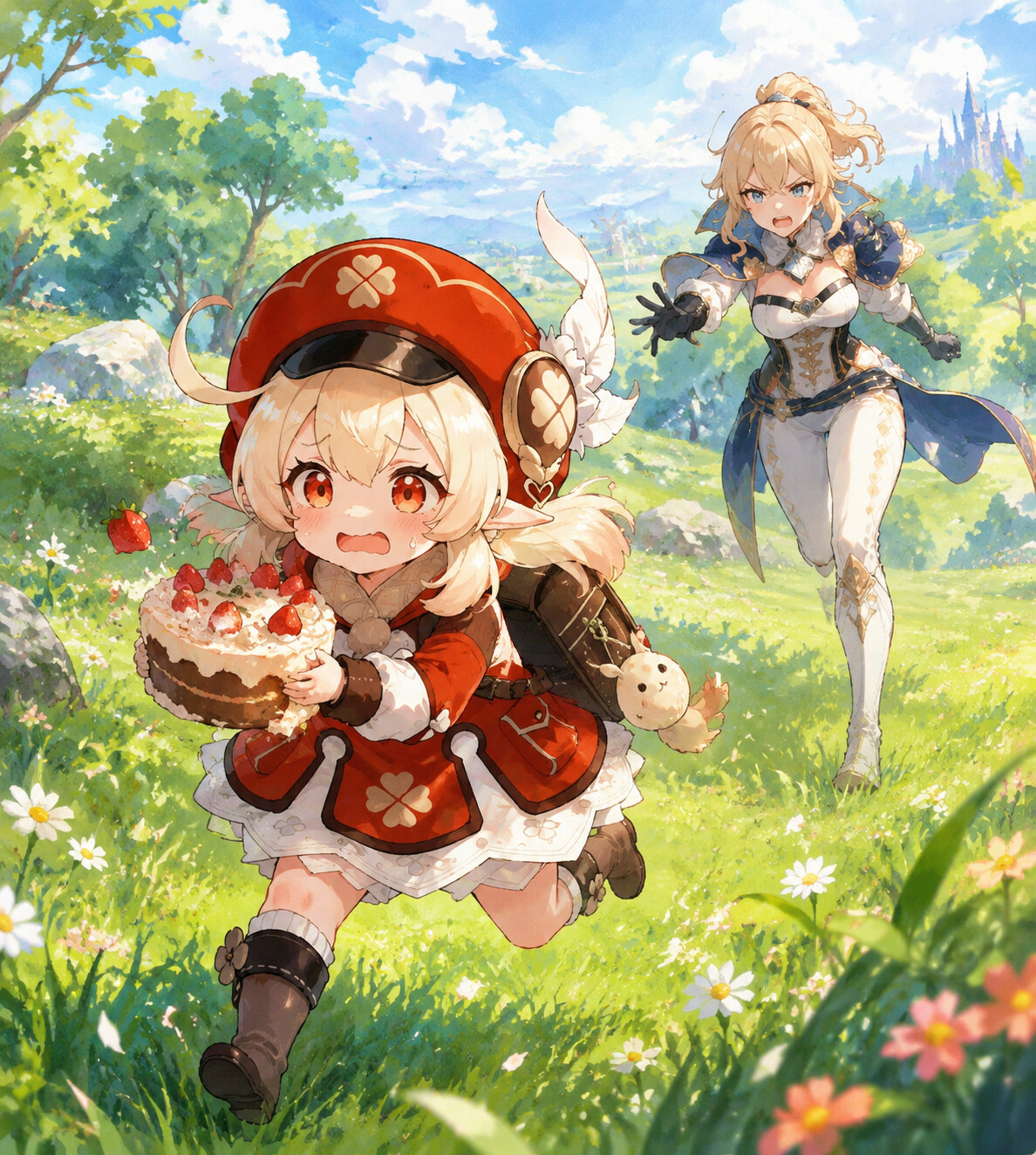 Running away from Jean with a guilty expression in the lush green meadows of Windrise (vibrant watercolor anime with soft sunlight)