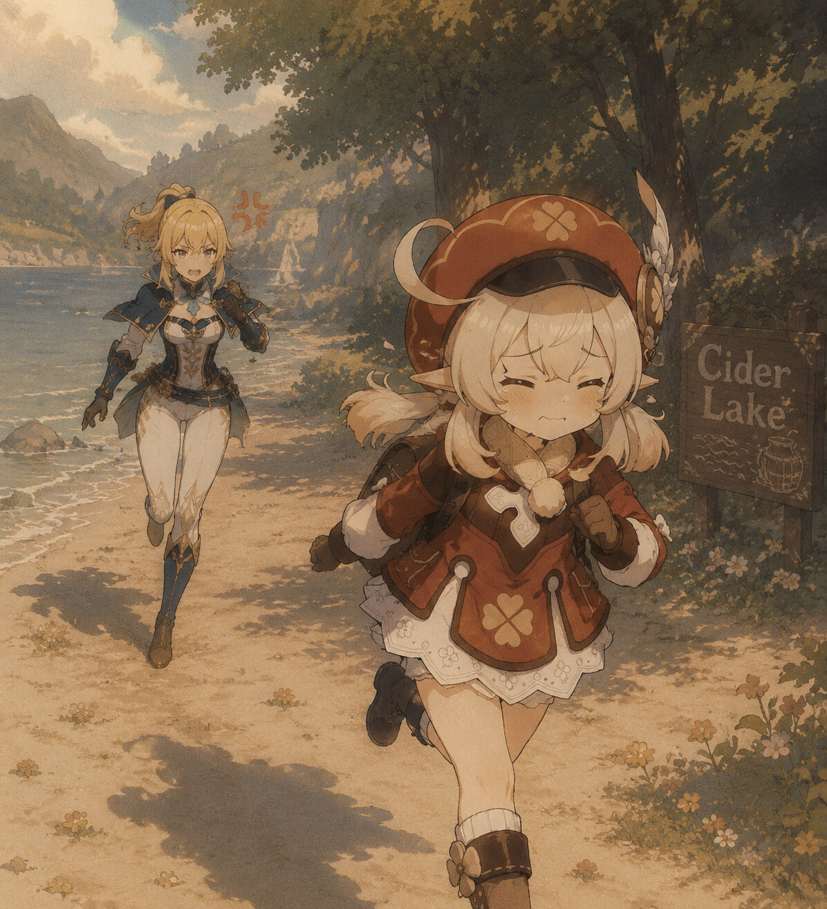 Running away from Jean with a guilty expression on a sun-drenched beach at Cider Lake (moody lo-fi aesthetic)