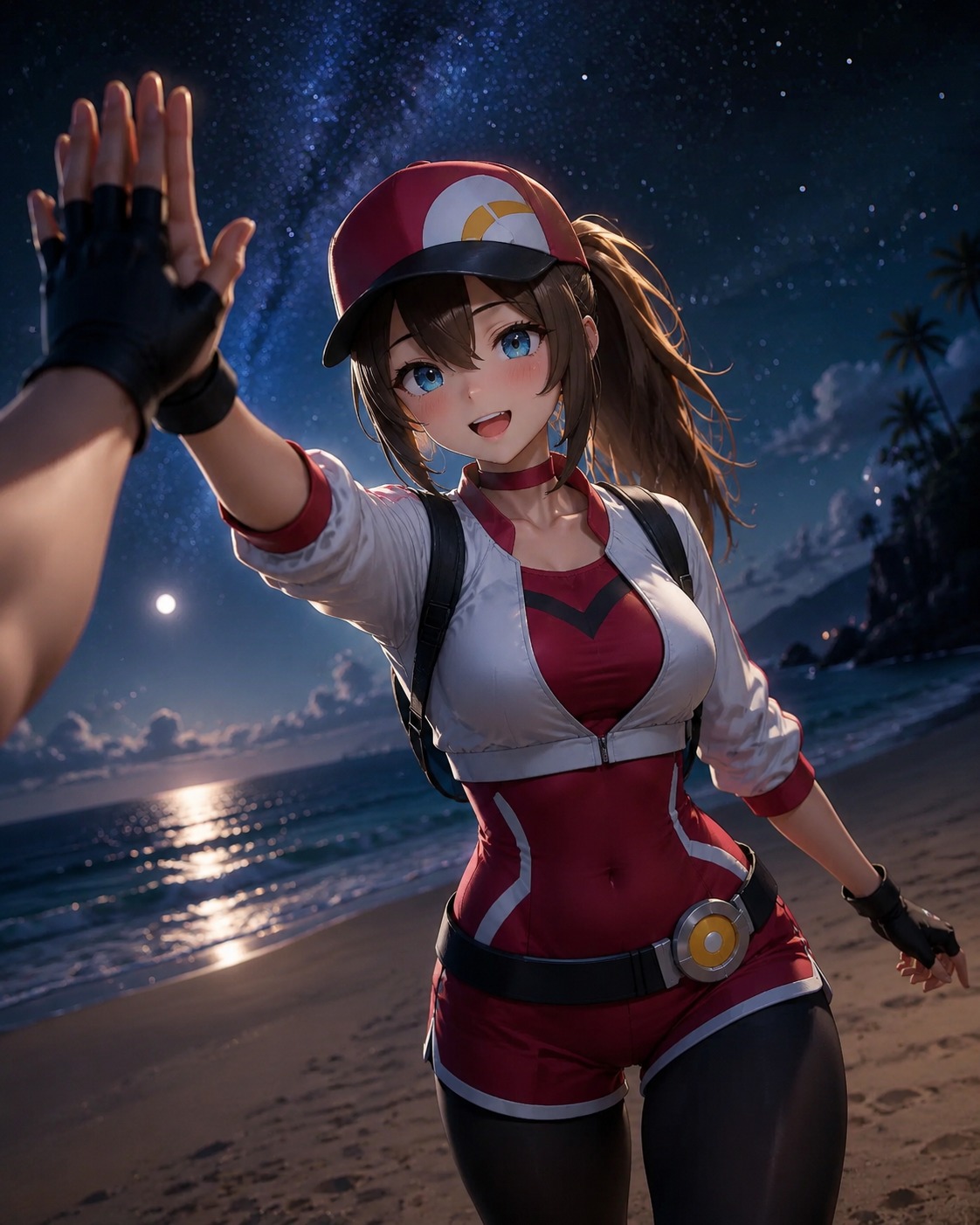 Celebrating a victory with a high-five On a quiet beach under a starlit sky (epic cinematic 3D render, dramatic lighting)