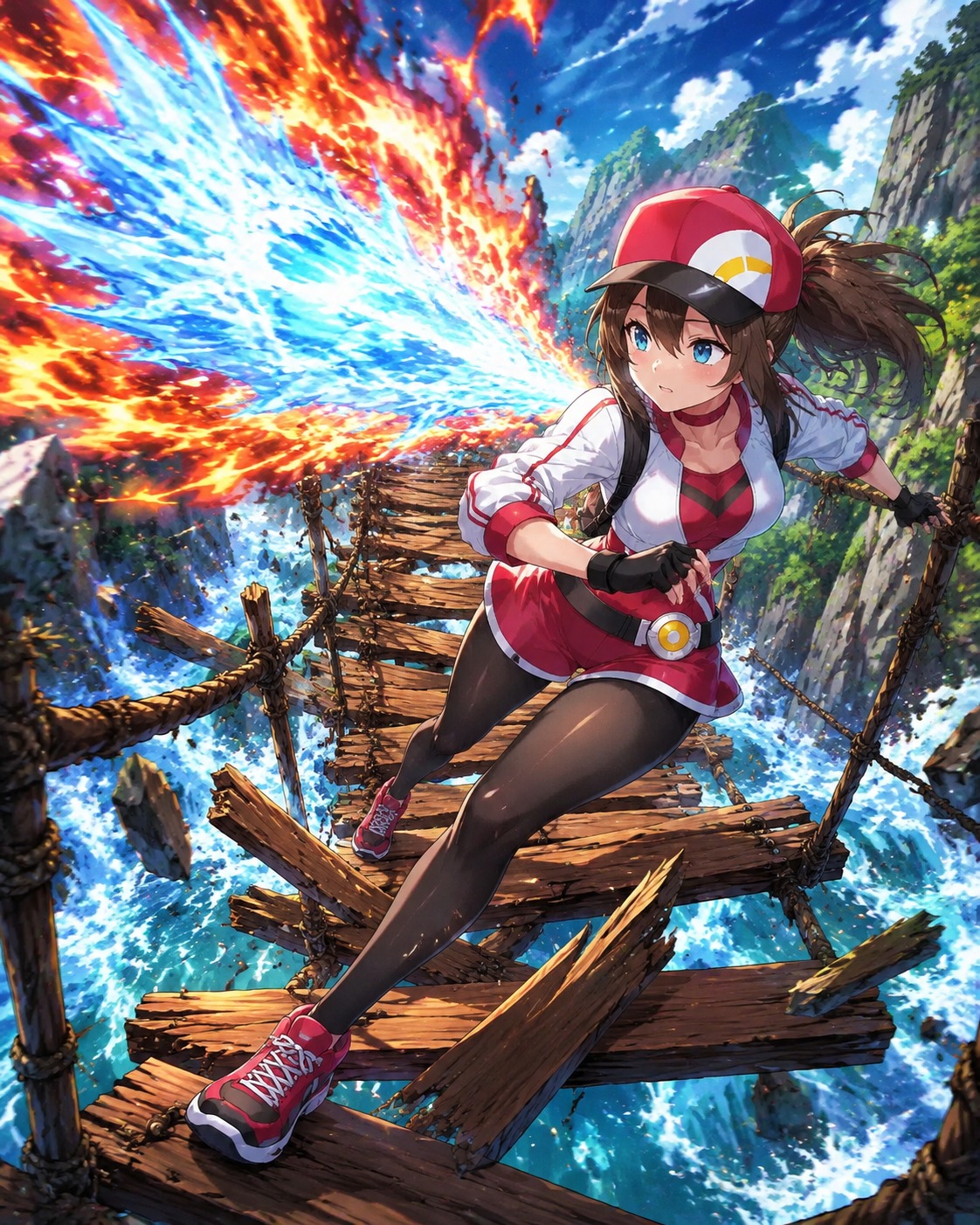 Dodging a powerful elemental blast On a rickety bridge over a rushing river (vibrant anime style, high saturation)