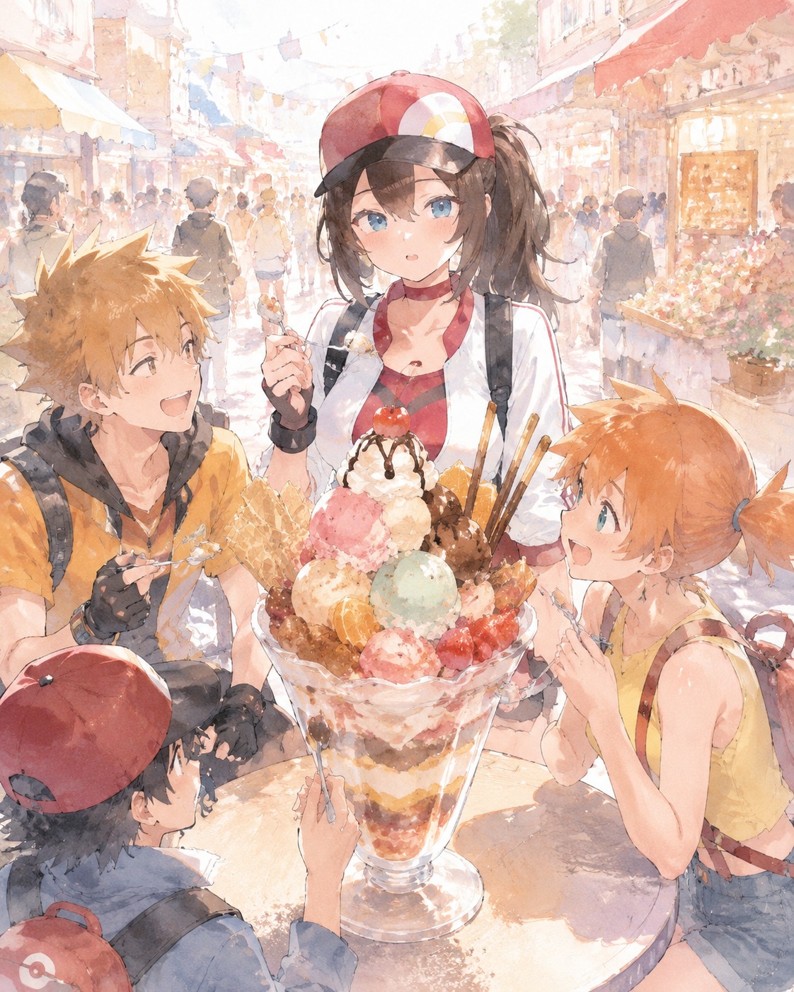Sharing a giant sundae with her team At a bustling open-air street market (soft watercolor wash, dreamy pastel tones)