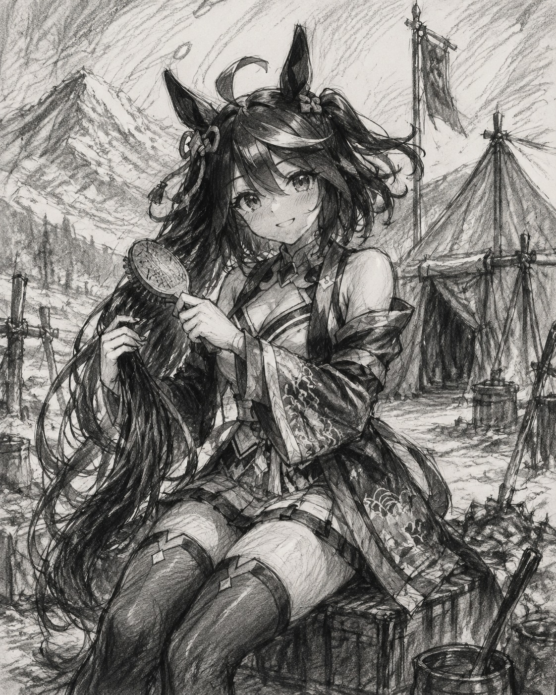 Brushing her long black hair In a snowy mountain training camp (rough charcoal sketch, expressive lines)