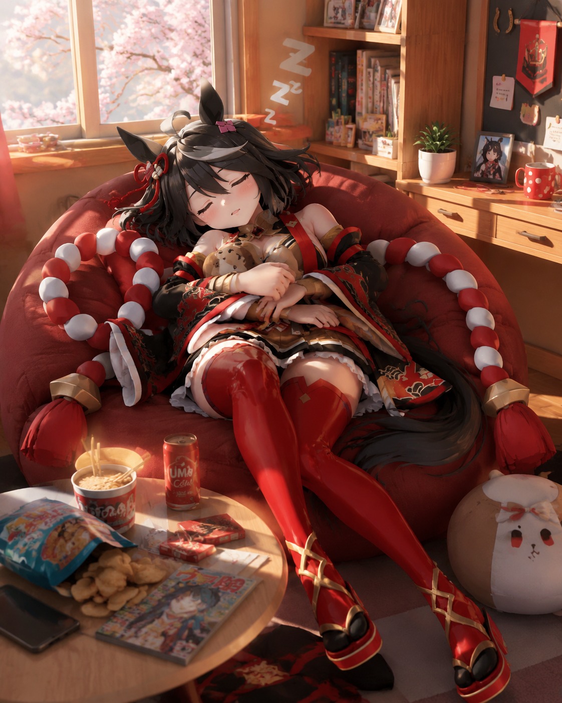 Napping under a cherry blossom tree In a cozy dorm room with snacks (3D digital render, ray-traced lighting)