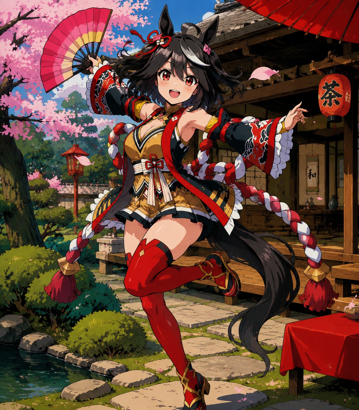 Performing a vibrant festival dance At a traditional tea house garden (90s retro anime, cel-shaded)
