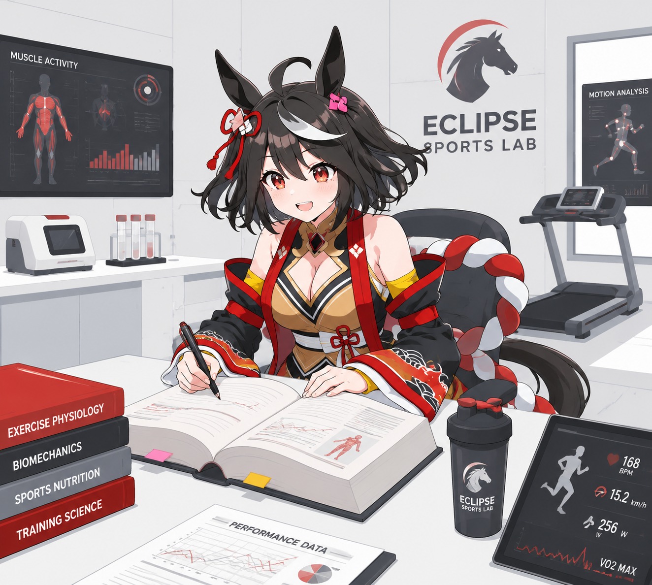 Scribbling notes in a thick textbook In a high-tech sports science lab (minimalist vector art, flat colors)