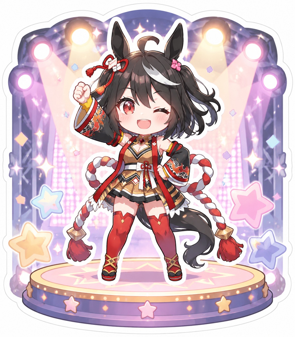 Striking a heroic victory pose On a stage under brilliant spotlights (chibi sticker art, pastel palette)