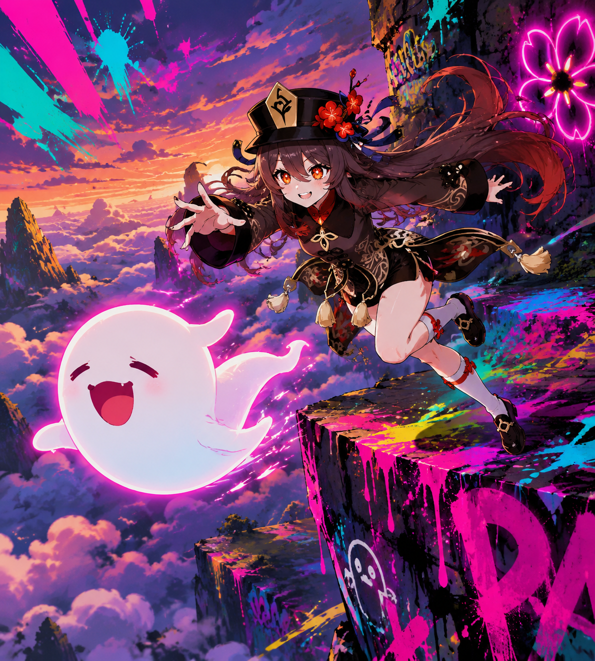 Chasing a giggling ghost through the air On a high cliff overlooking the Sea of Clouds (neon street art, bold colors, graffiti aesthetic)