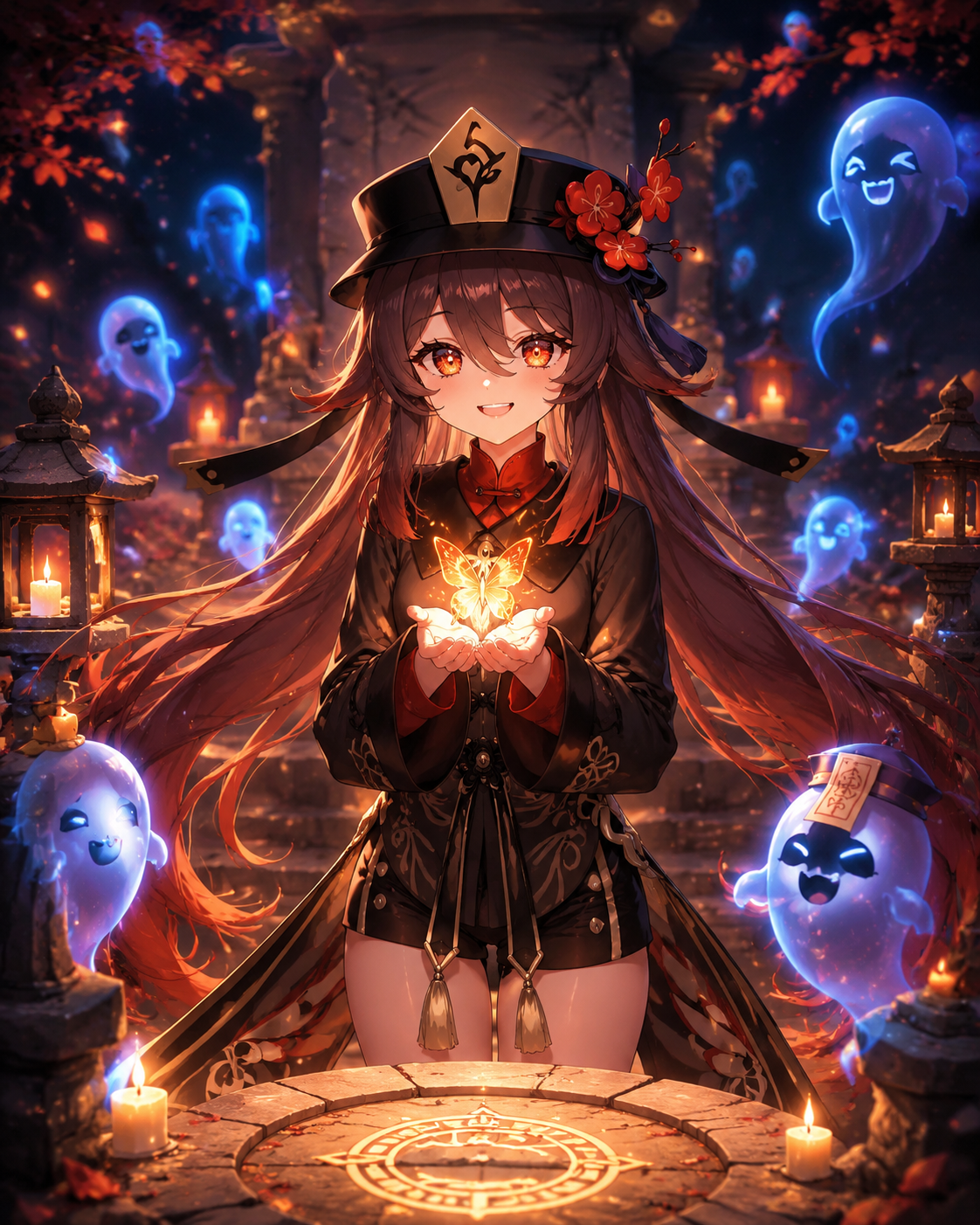 Holding a glowing butterfly in her folded hands At a stone ritual altar surrounded by blue spirits (vibrant anime style, high contrast, warm lighting)