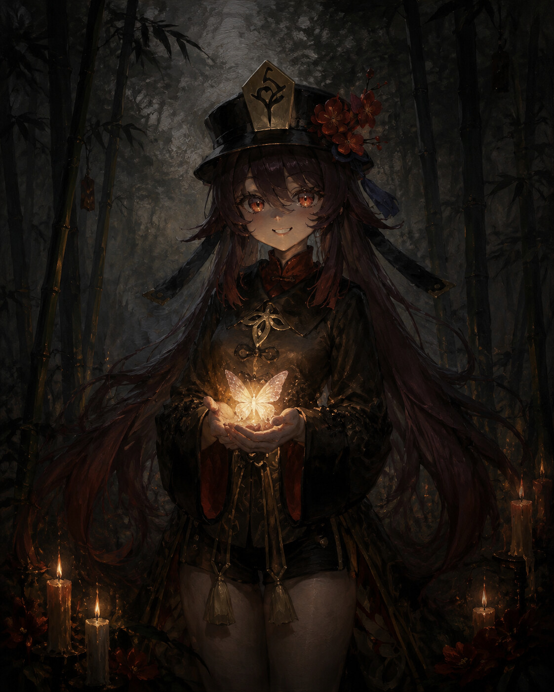 Holding a glowing butterfly in her folded hands in a quiet bamboo forest shrouded in fog (dark gothic oil painting)