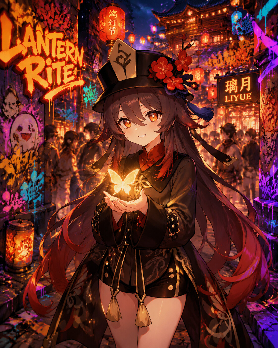 Holding a glowing butterfly in her folded hands on a bustling Liyue street during the Lantern Rite (neon street art)