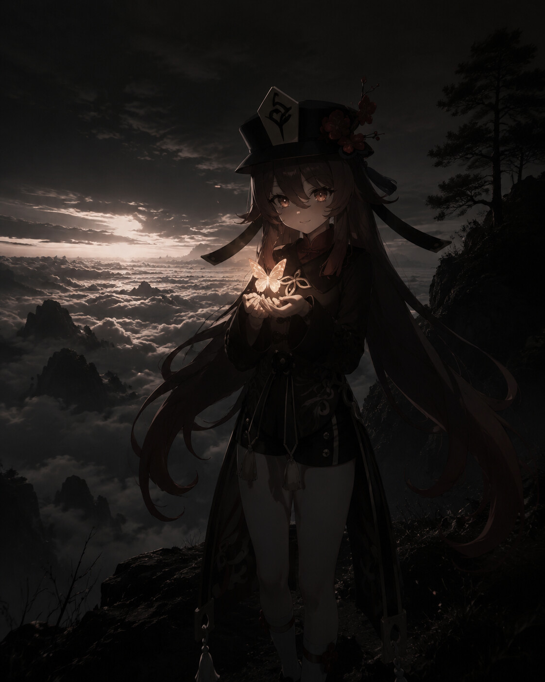 Holding a glowing butterfly in her folded hands on a high cliff overlooking the Sea of Clouds (cinematic noir)