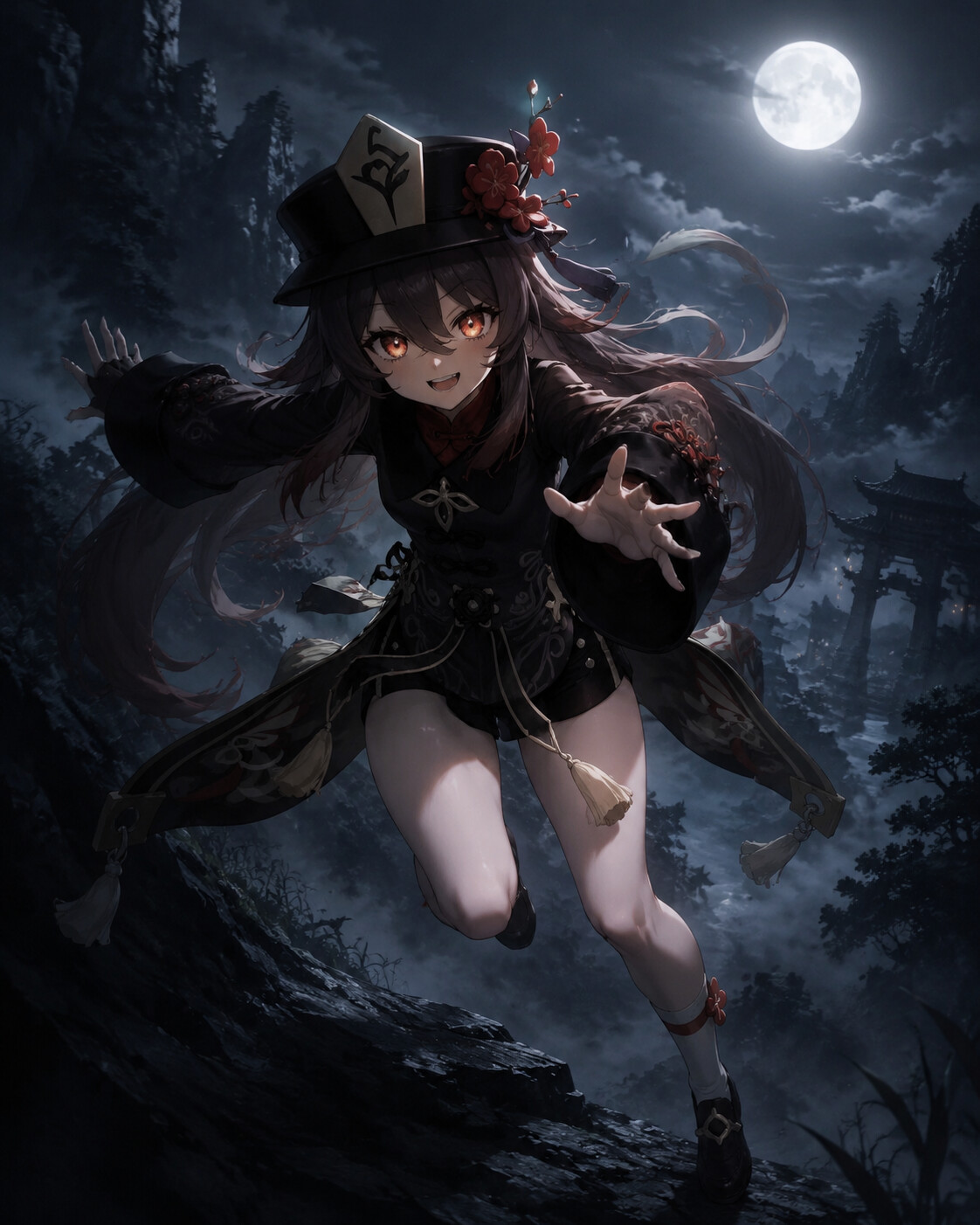 Leaping out from the shadows with a grin in the misty Wuwang Hill under a silver moon (cinematic noir)