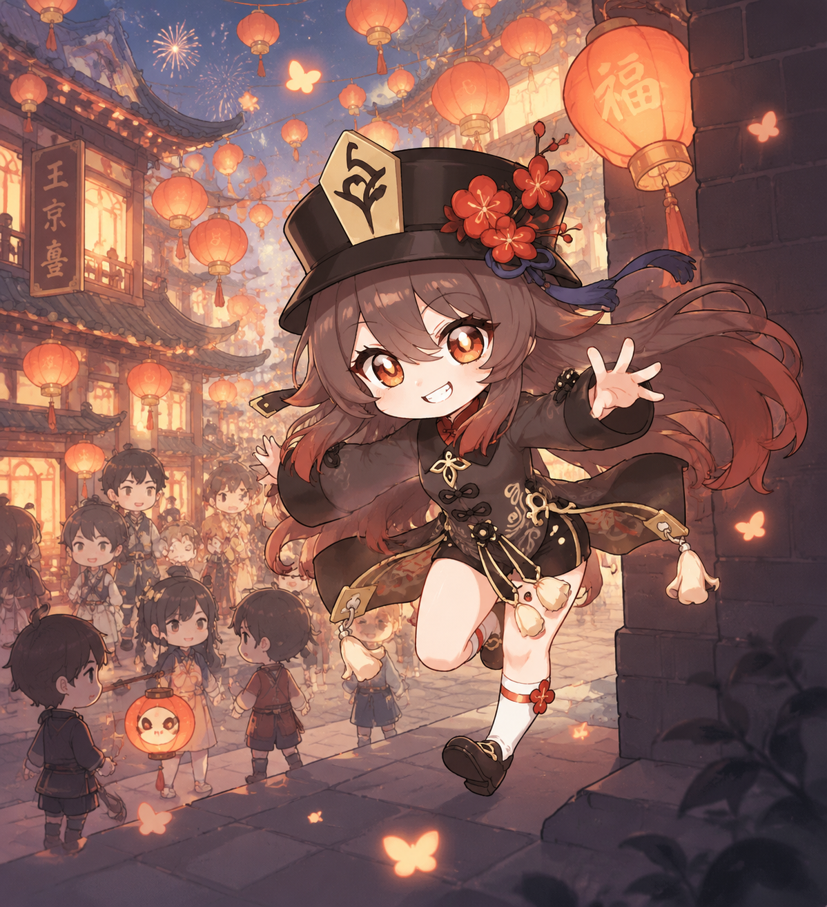 Leaping out from the shadows with a grin On a bustling Liyue street during the Lantern Rite (cute chibi style, pastel colors, clean lines)