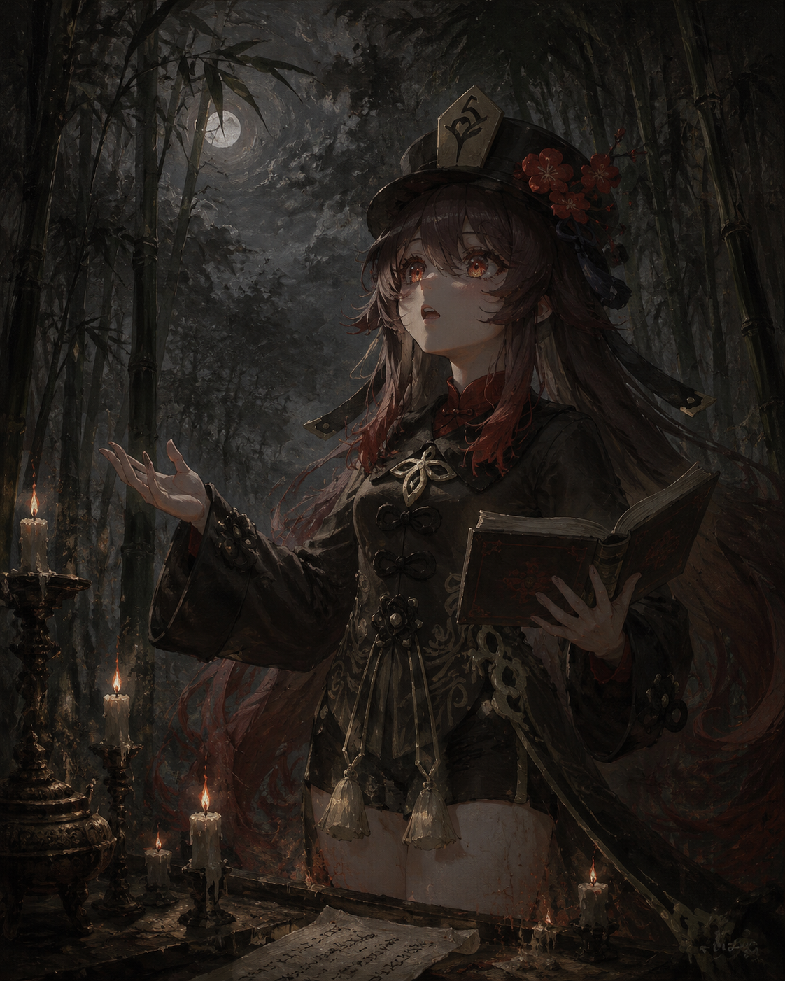 Reciting poetry while gazing at the sky In a quiet bamboo forest shrouded in fog (dark gothic oil painting, dramatic candlelight)