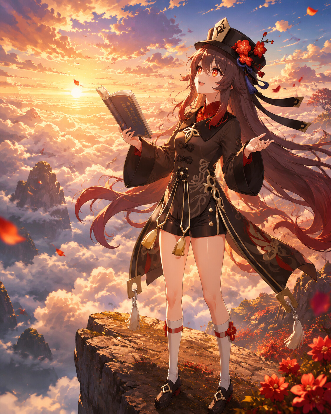 Reciting poetry while gazing at the sky on a high cliff overlooking the Sea of Clouds (vibrant anime style)