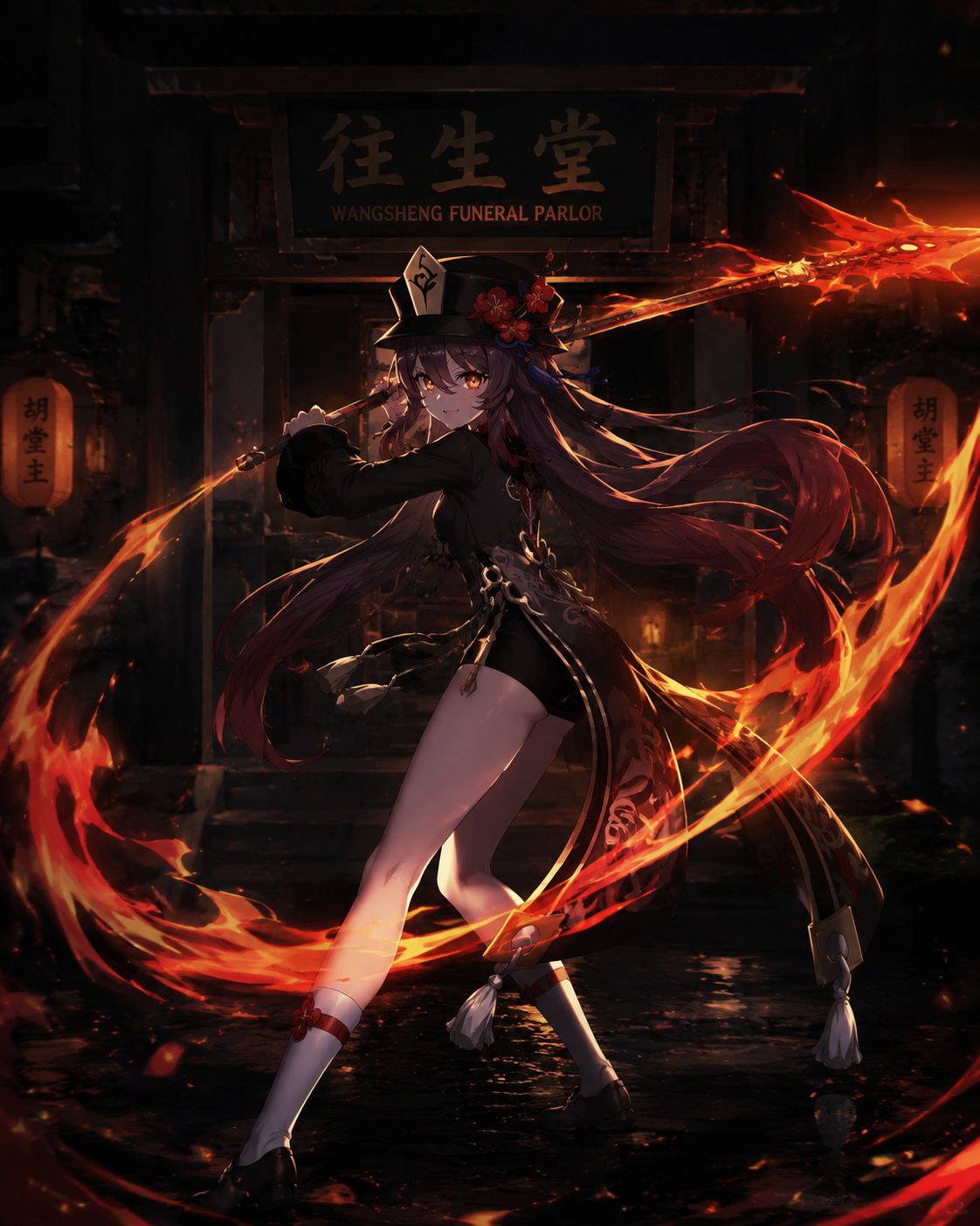 Swinging her blazing polearm in a wide arc At the entrance of the Wangsheng Funeral Parlor (cinematic noir, high-contrast shadows, moody atmosphere)