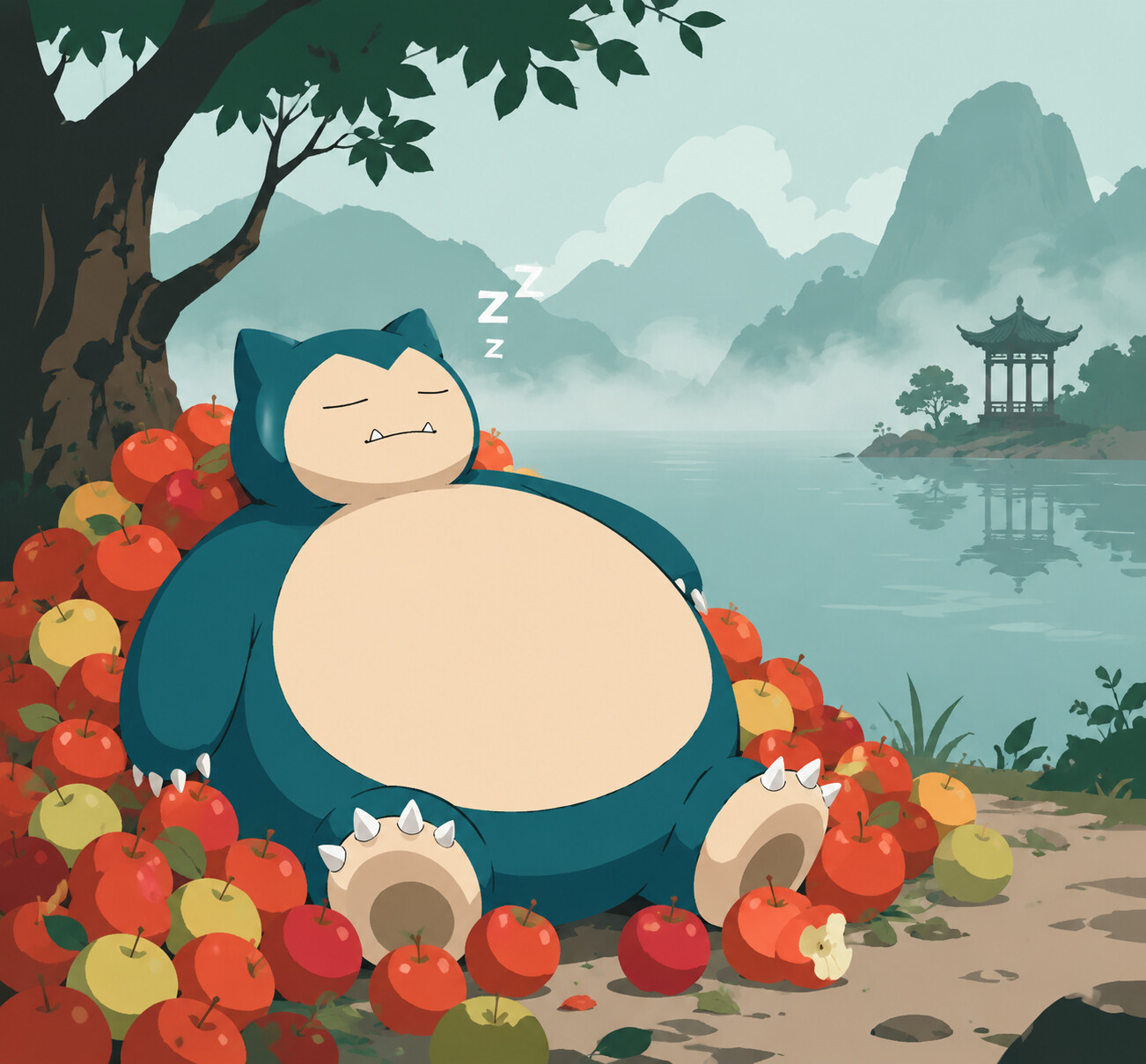 Dozing soundly amidst a pile of apples at the edge of a misty ancient lake (minimalist flat vector art)