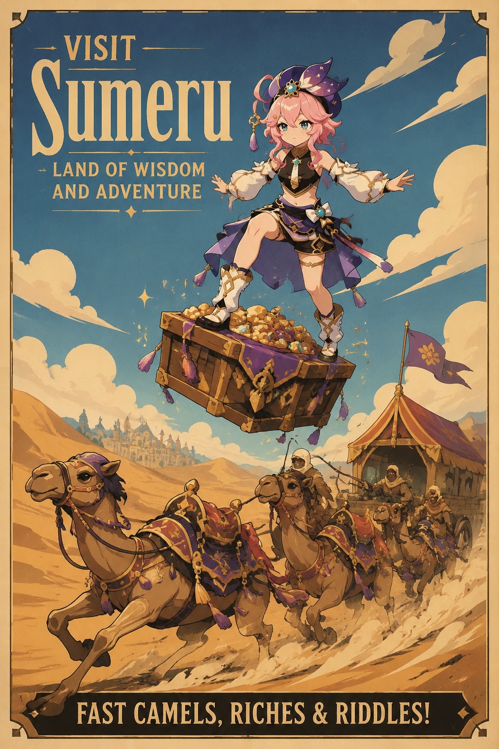 Balancing atop a floating crate of treasures On a high-speed caravan crossing the dunes (vintage travel poster, flat 2D vector)
