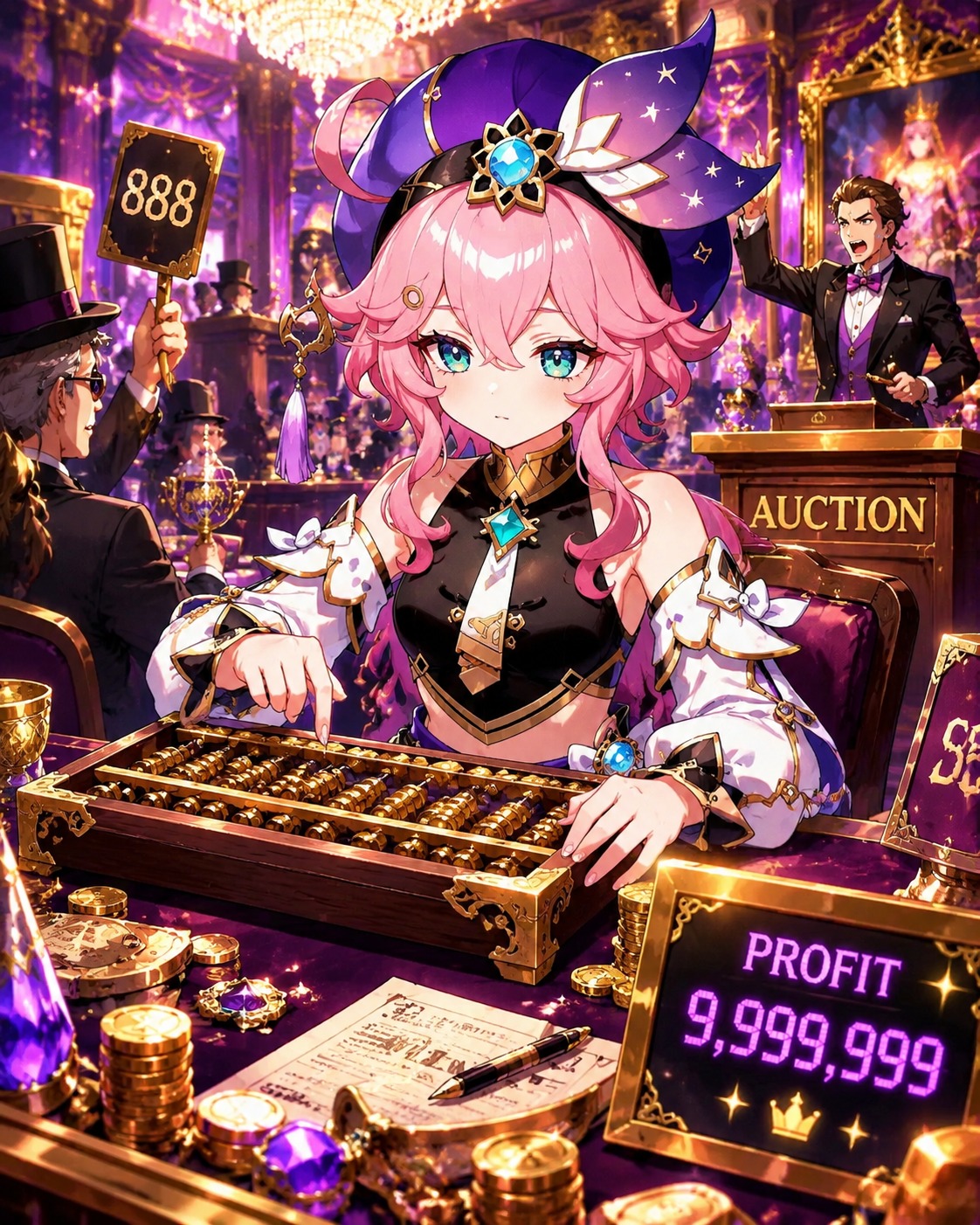 Calculating profits on an abacus At a high-stakes auction house (vibrant anime style, high saturation)