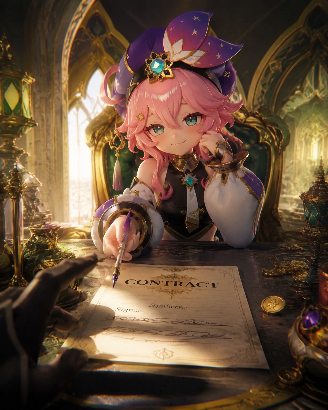 Negotiating a shady contract with a smirk At the opulent Palace of Alcazarzaray (cinematic 3D render, ray-traced lighting)