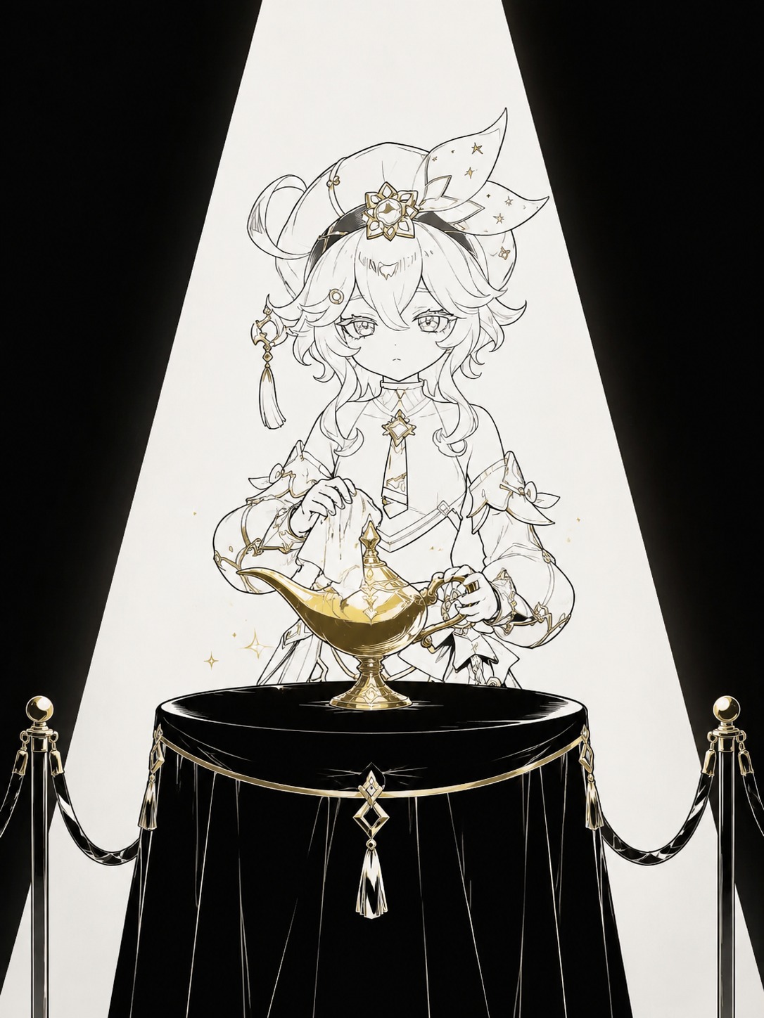 Polishing a golden lamp On a velvet-lined stage under a single spotlight (minimalist line art, monochrome with gold accents)