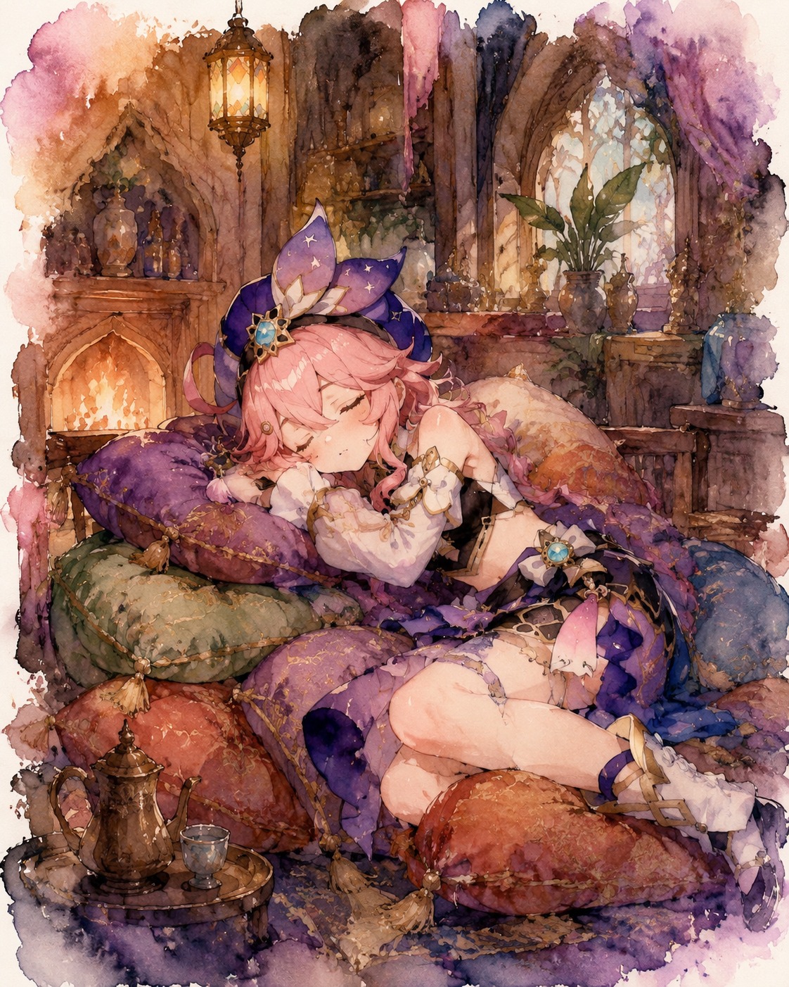 Sleeping on a pile of silk cushions In a cozy Sumeru tavern beside a fireplace (ethereal watercolor, bleeding ink edges)