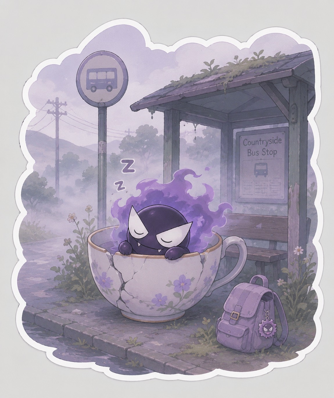 Napping inside a cracked porcelain tea cup At a foggy bus stop in the countryside (cute chibi stickers, pastel colors)
