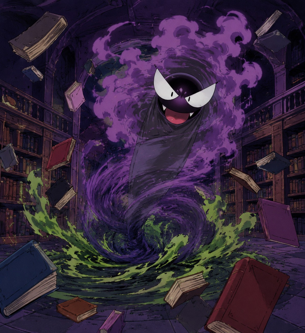 Swirling rapidly into a toxic vortex At an empty library with floating books (1990s retro cel-shaded animation)
