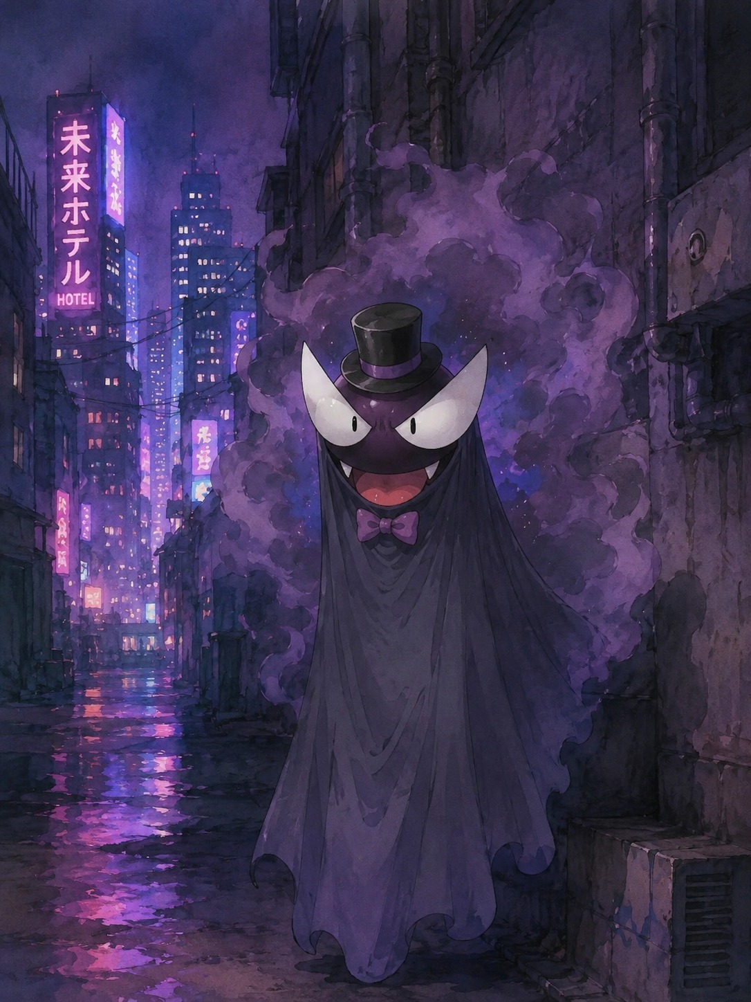 Wearing a tiny bow tie and top hat In a dark alley behind a neon skyscraper (watercolor anime, soft lighting)