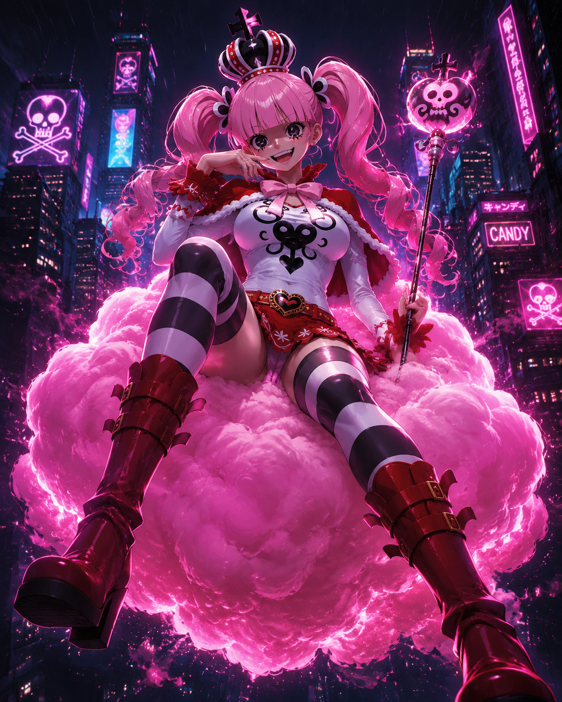 Cackling with a mischievous wide grin On a whimsical cloud of pink cotton candy (cyberpunk noir, glowing neon accents)