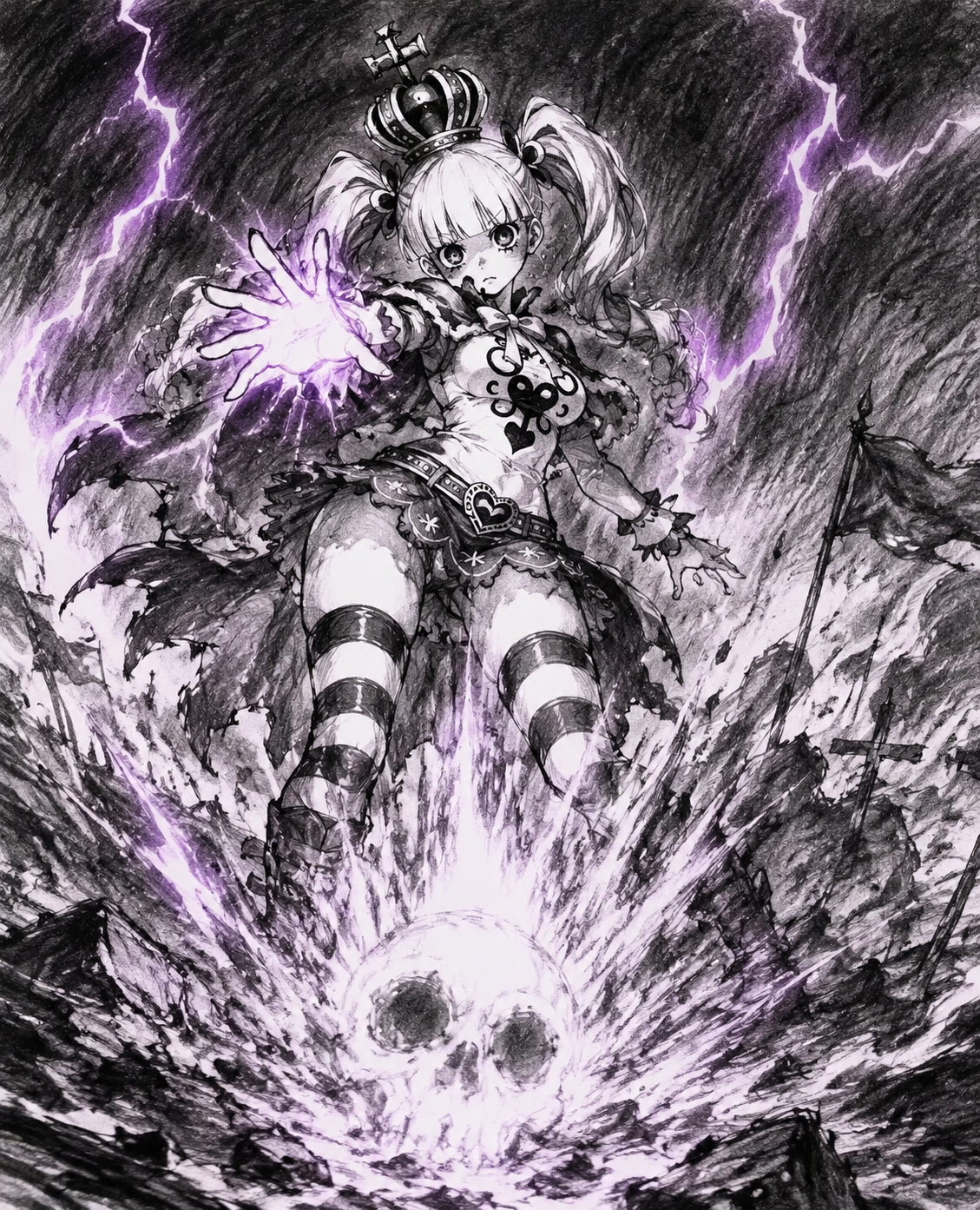 Casting a massive spectral explosion On a stormy battlefield under purple lightning (rough charcoal sketch, high contrast pencils)