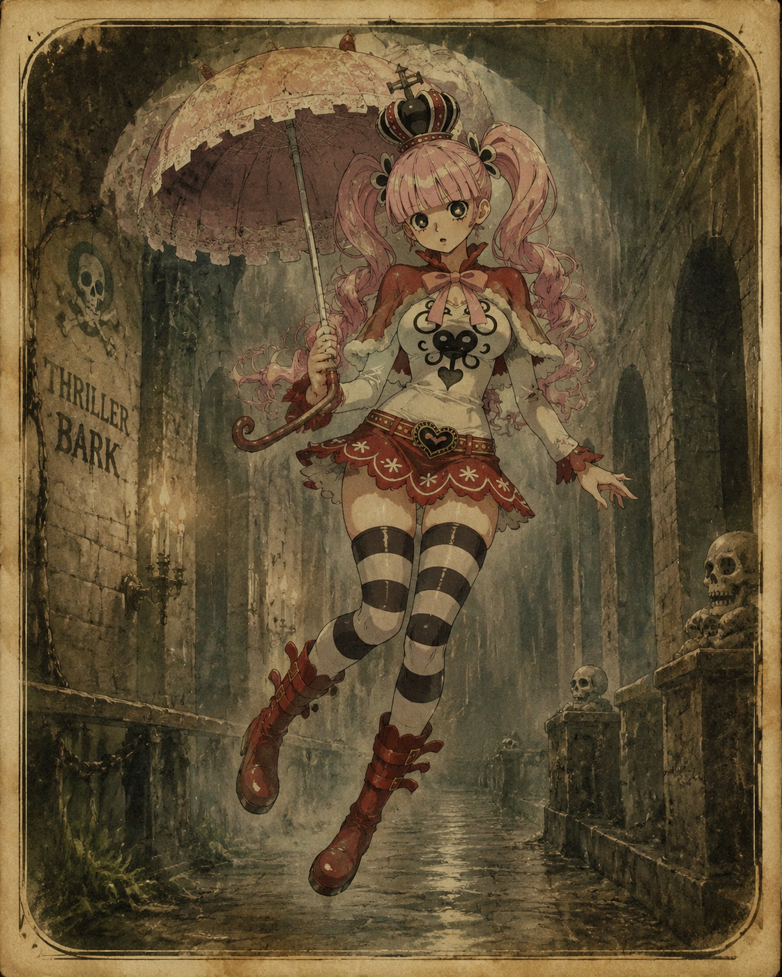 Floating with an open lace parasol In a damp Thriller Bark hallway (vintage storybook illustration, aged paper texture)