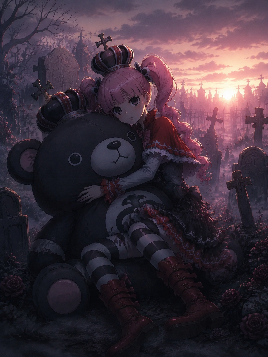 Hugging a giant kumashi doll At a misty graveyard during sunrise (gothic lolita aesthetic, dark moody lighting)