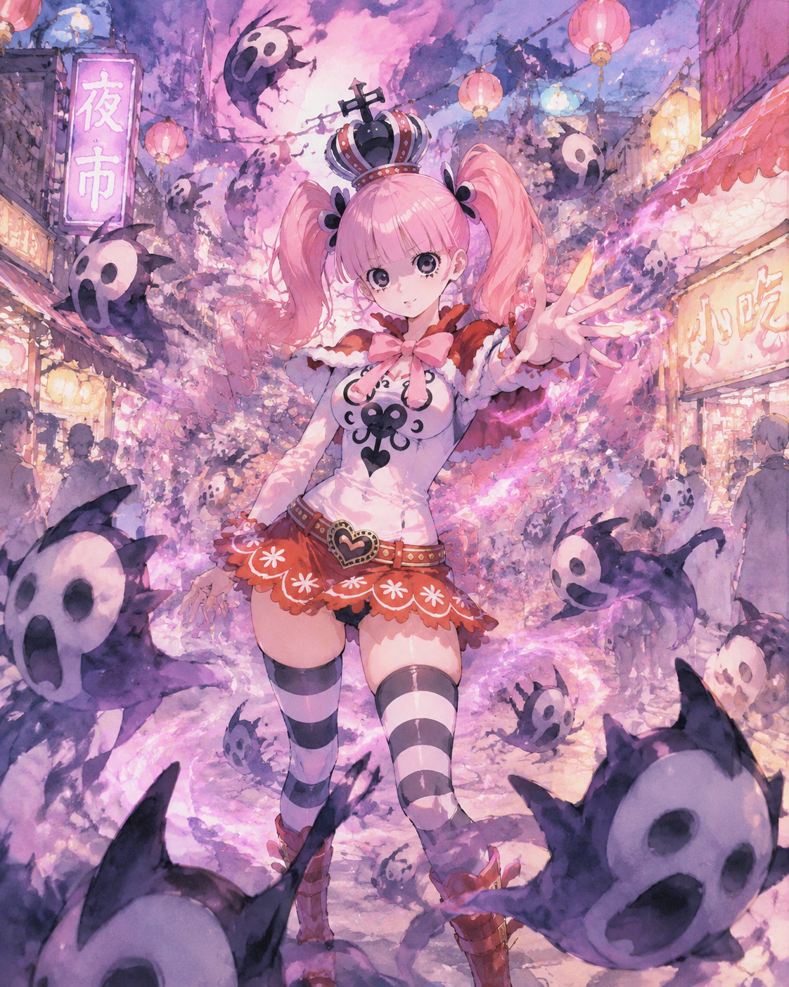 Summoning a swarm of negative hollows In a bustling neon-lit night market (soft watercolor anime, delicate pastel tones)