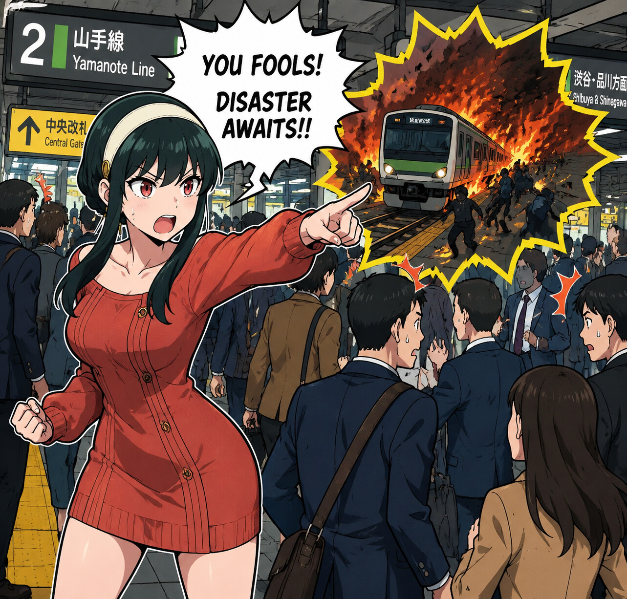 Barking at a premonition of the future at a bustling urban train station during rush hour (thick line art)