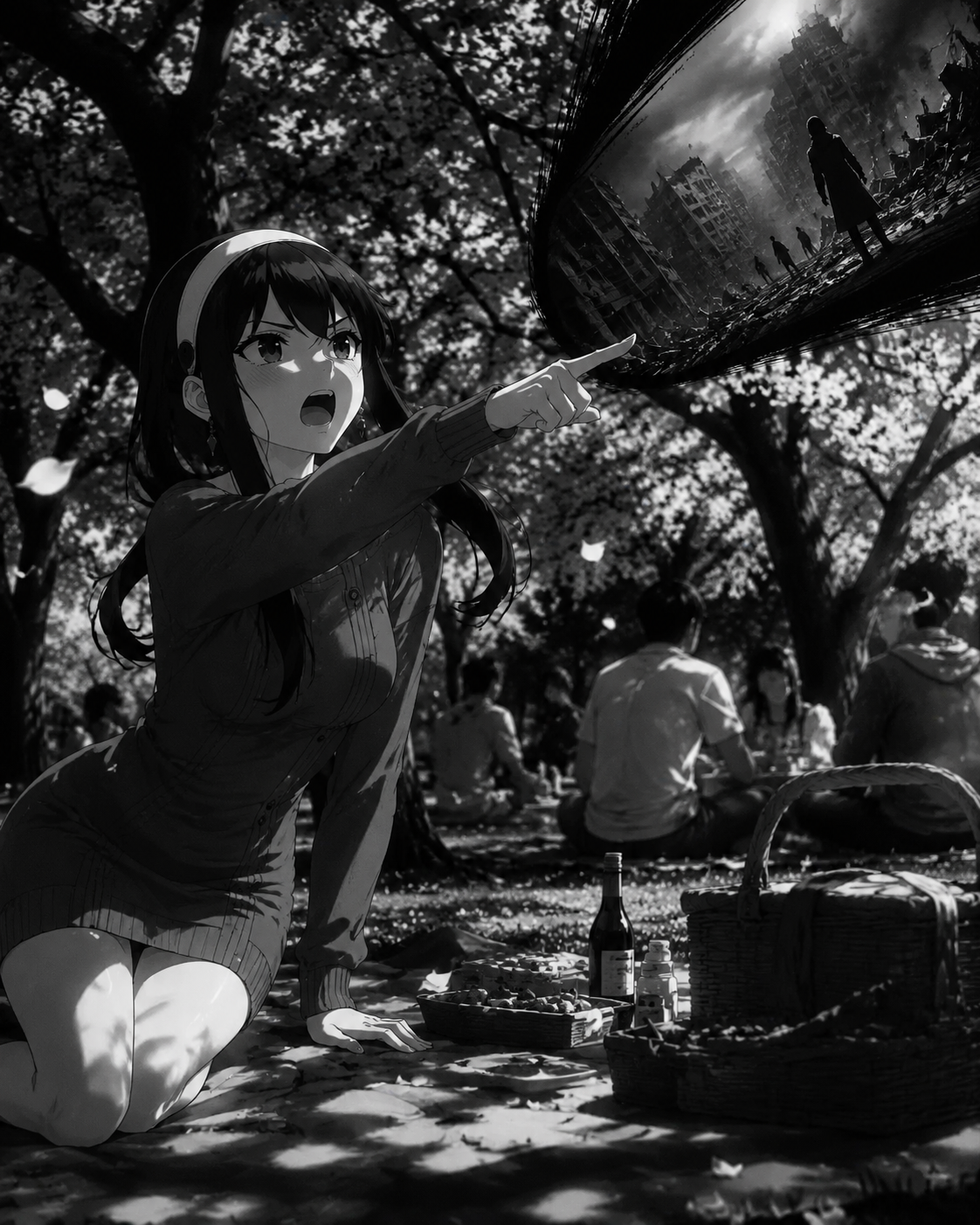 Barking at a premonition of the future At a sunny park during a flower viewing picnic (cinematic noir, high contrast shadows)