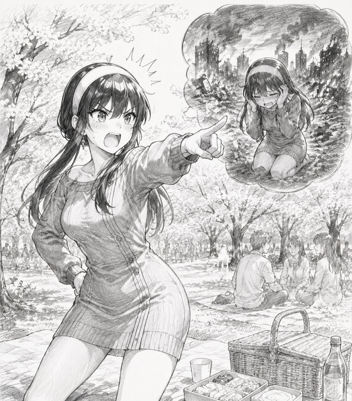 Barking at a premonition of the future At a sunny park during a flower viewing picnic (pencil sketch with light charcoal shading)