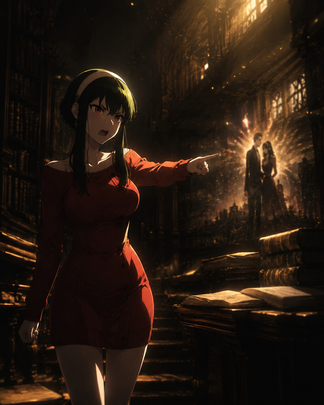 Barking at a premonition of the future in a quiet library filled with golden dust motes (cinematic noir)