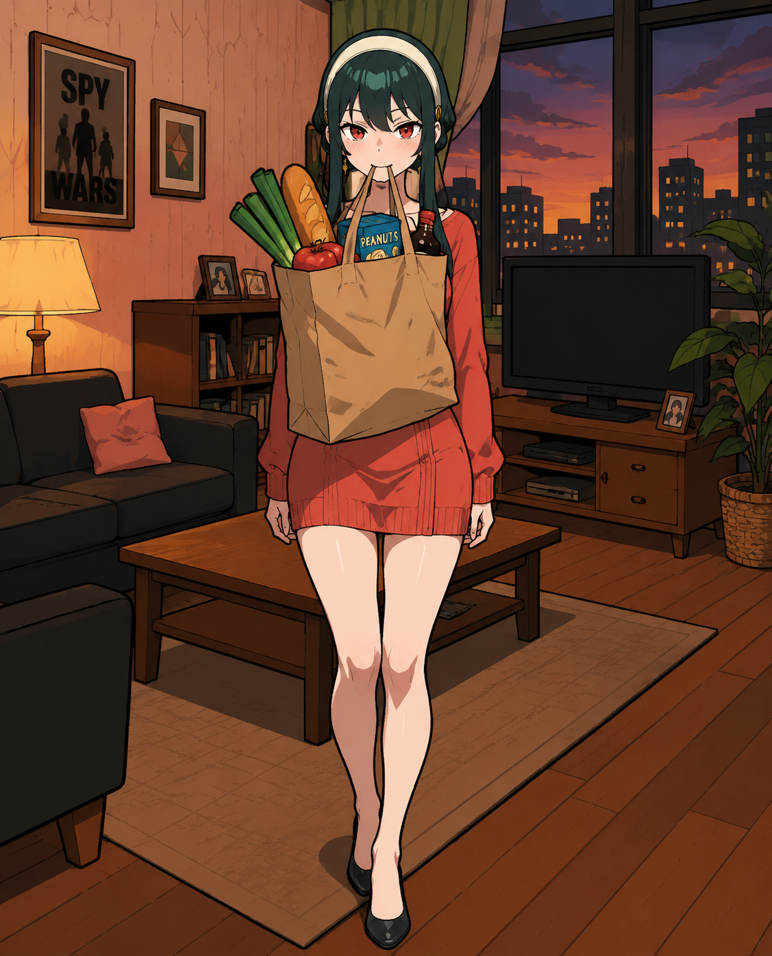 Carrying a heavy bag of groceries in his mouth In the cozy Forger family living room at dusk (thick line art, flat pop art colors)