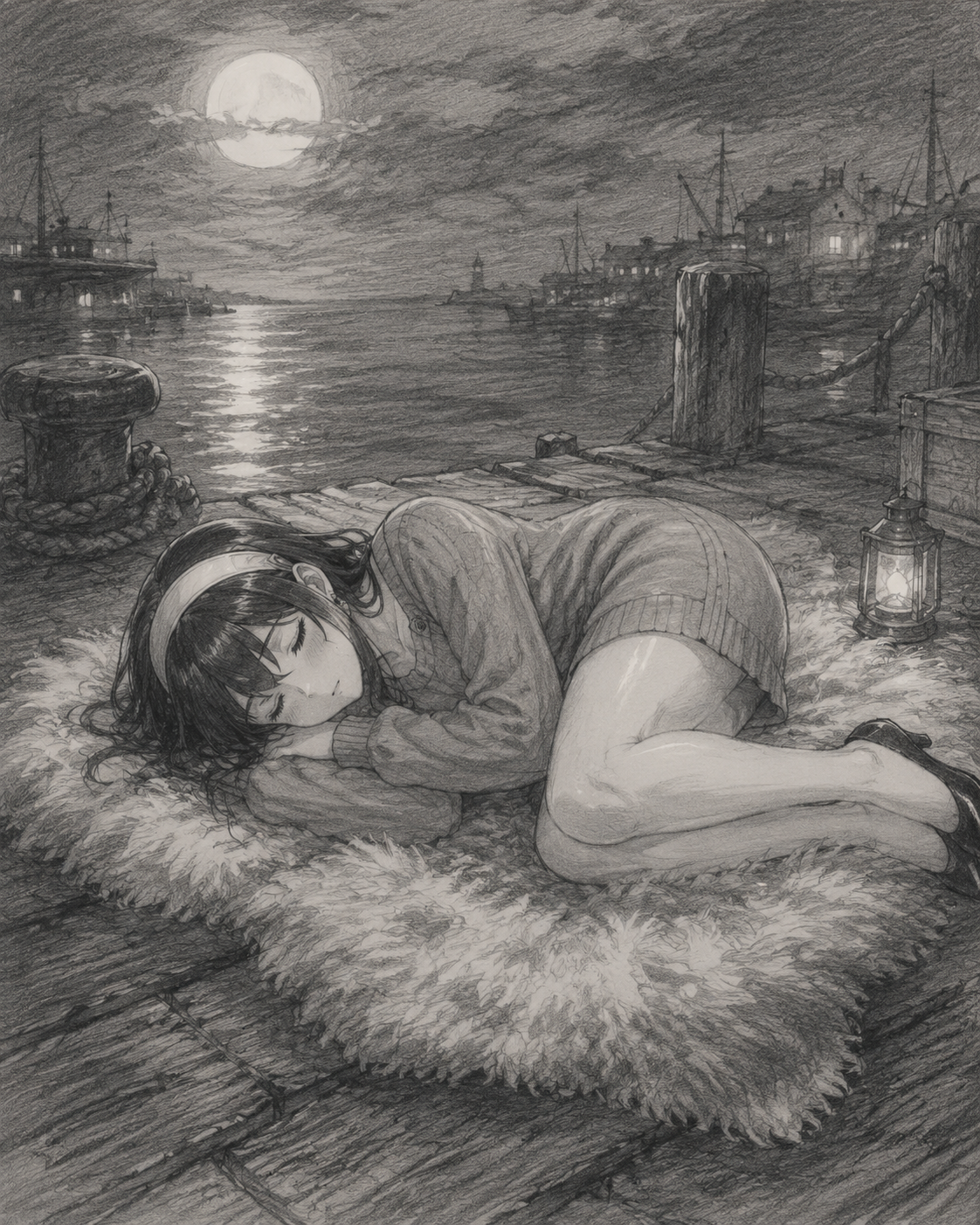 Napping soundly on a fluffy rug At the docks under a pale moonlight (pencil sketch with light charcoal shading)
